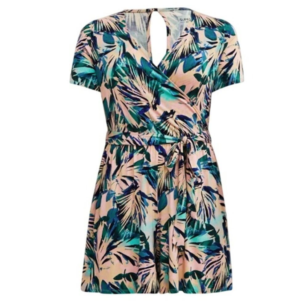 TORRID Super Soft Surplice Romper Palm Leaf Pink and Green Size 3 (22-24)